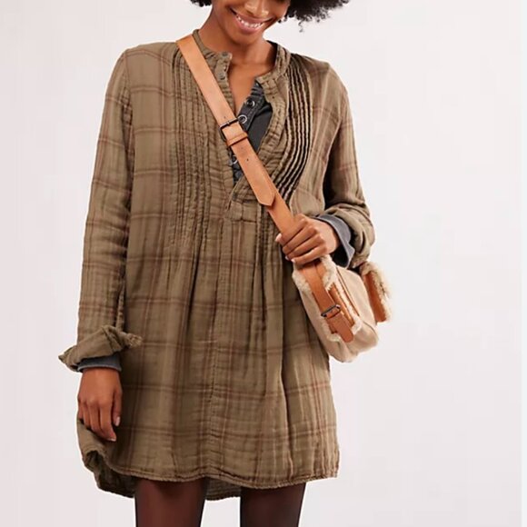 Free People x CP Shades Tunic Flannel Plaid Y2K Grunge $268 Beige Brown Like New - Picture 1 of 16
